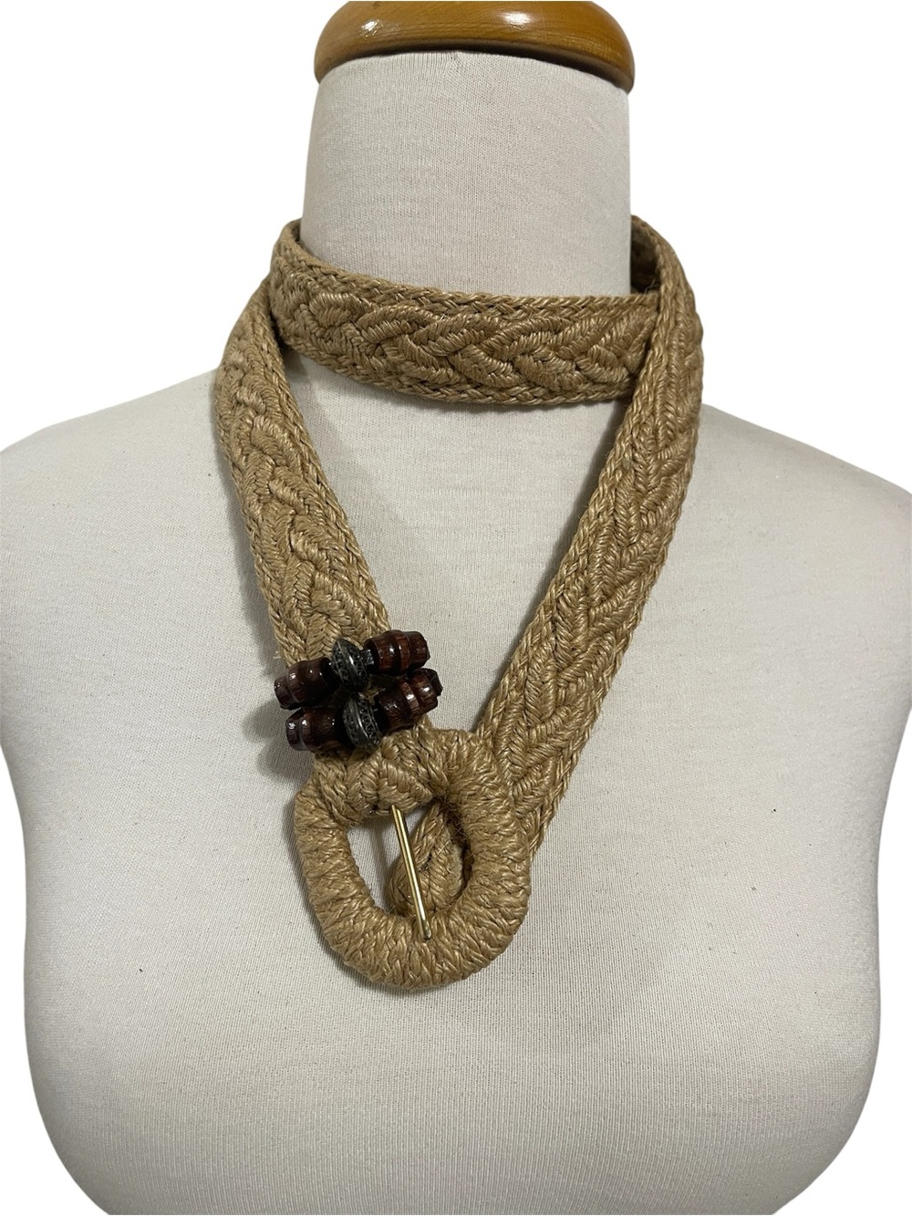 Braided Natural-Tone Woven Rope Belt with Wooden Bead Accents